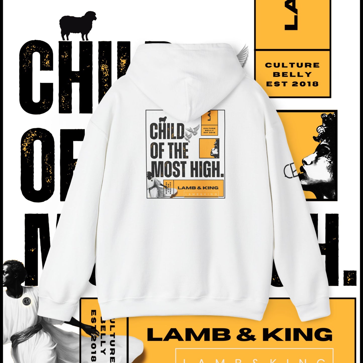 White pullover hoodie featuring the Child Of The Most High design, showcasing a bold graphic collage with text, doves, and vintage-inspired imagery, symbolizing divine identity and spiritual elevation.