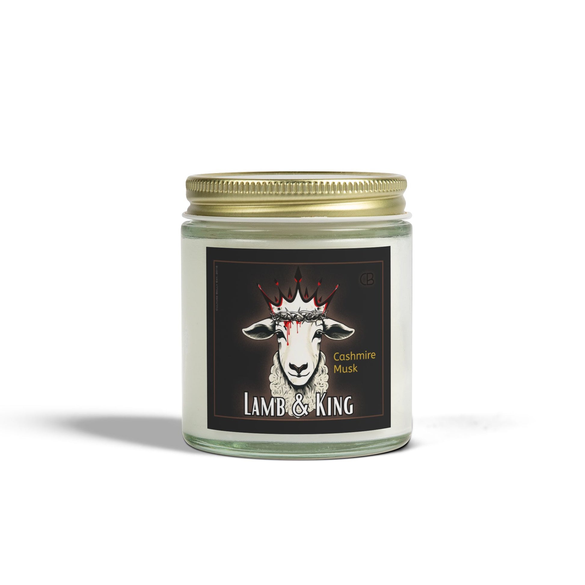 Lamb & King Cashmere Musk Candle – a hand-poured soy wax candle with a luxurious blend of warm cashmere and soft musk. A rich, calming scent designed to create an atmosphere of peace, reflection, and faith-filled relaxation. Crafted by Culture Belly for those who embrace stillness and strength.