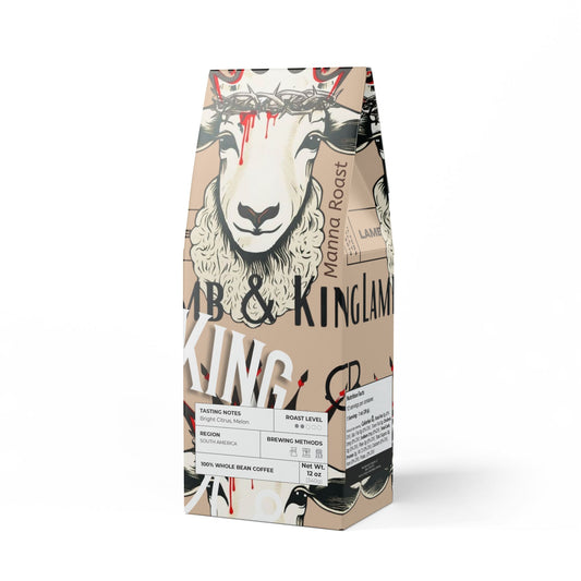 Manna Roast by Lamb & King – a premium whole-bean coffee sourced from South America, featuring bright citrus and melon notes. A smooth, uplifting roast designed for those who seek faith-fueled energy to power their day. Handcrafted by Culture Belly for purpose-driven mornings.