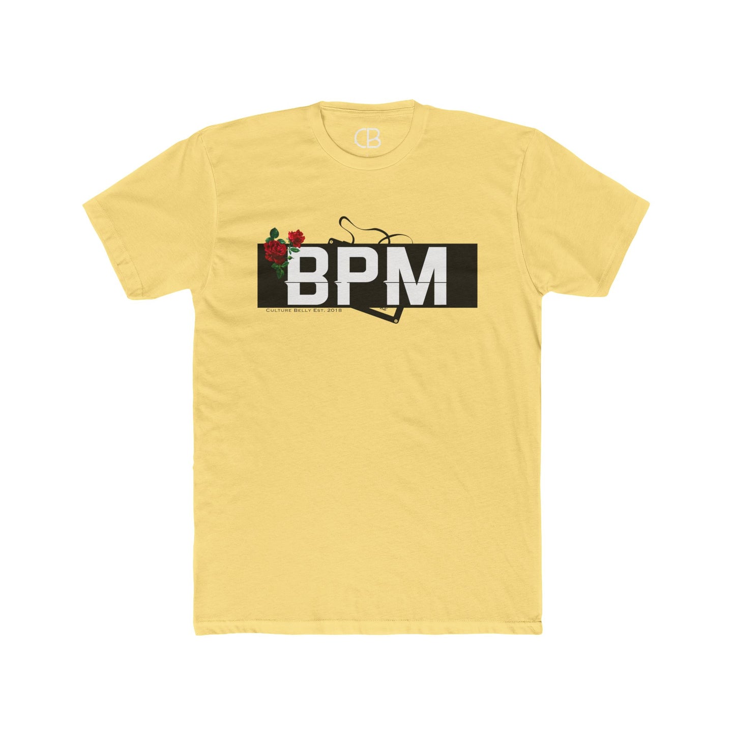 Solid Banana Cream BPM Rhythm & Roses T-shirt featuring a bold BPM graphic with red roses and a vinyl record design on the front.