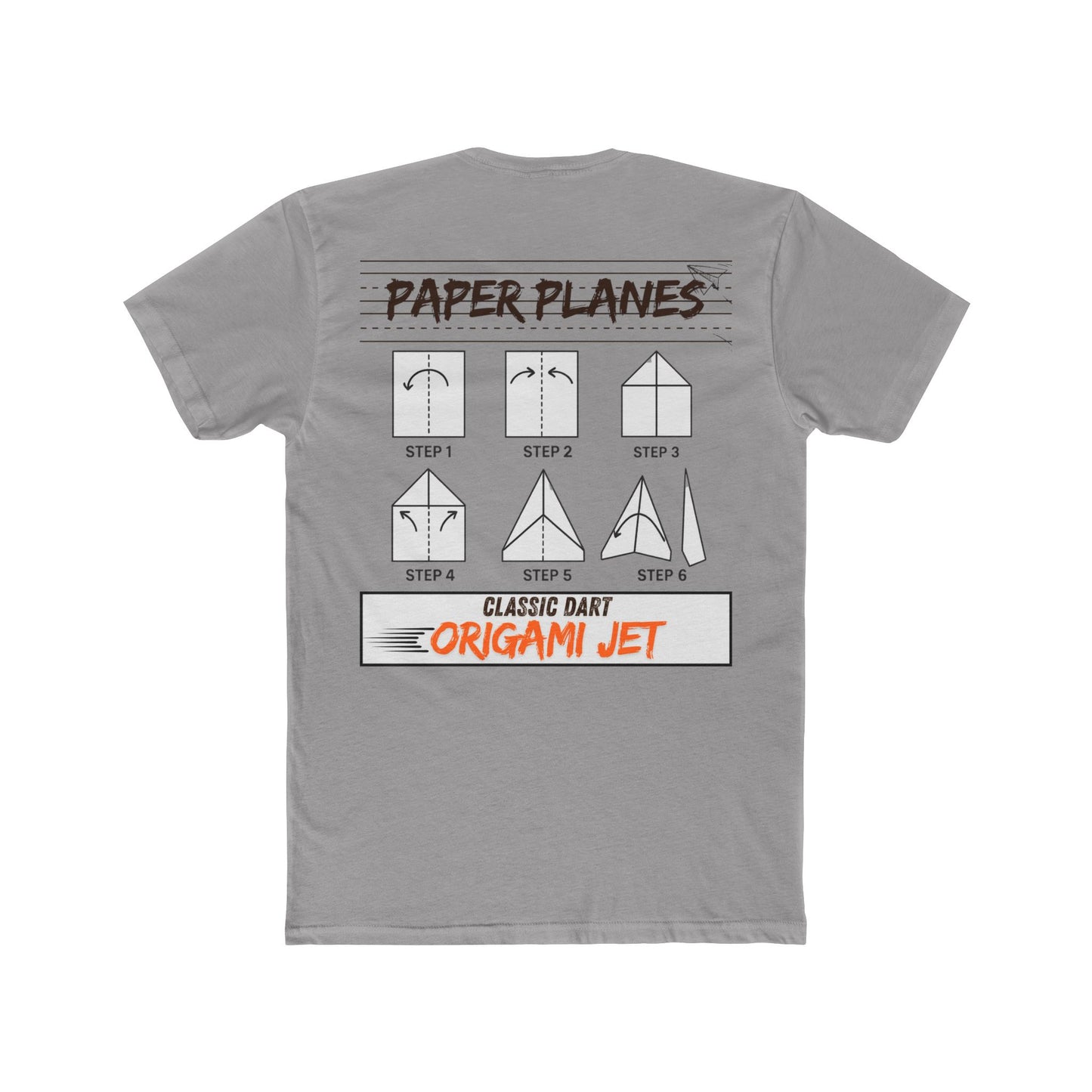 Solid Light Grey Paper Planes T-shirt shown from the back featuring paper airplane folding instructions with the "Paper Planes" title and Classic Dart Origami Jet graphic centered below the collar.