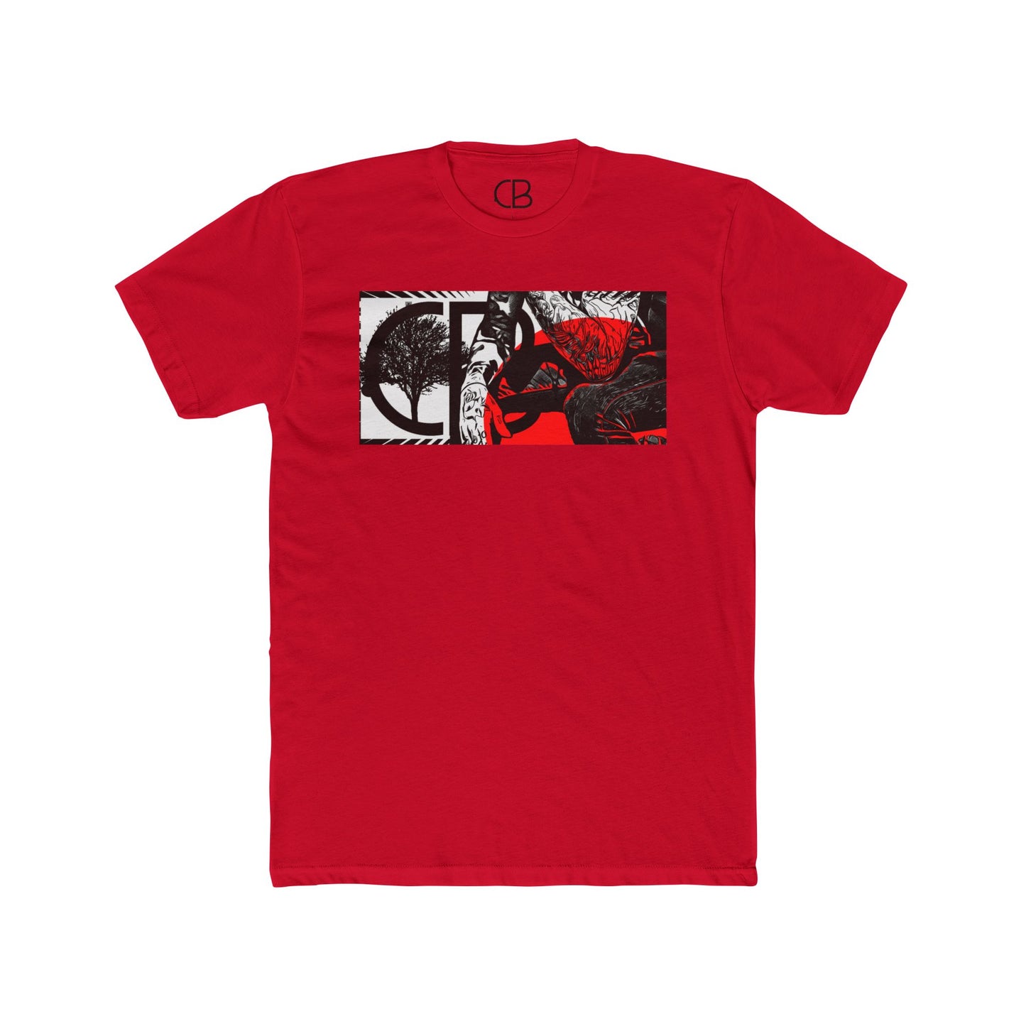 Solid Red Reflections T-shirt featuring an abstract collage of a tree, figure, and bold red and black artistic elements on the front.
