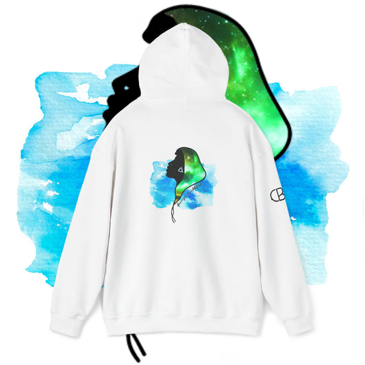 White pullover hoodie featuring the Eternal Covering design, showcasing a silhouette of a woman with her hair depicted as a galaxy over a soft blue watercolor background, symbolizing divine protection and spiritual covering.

