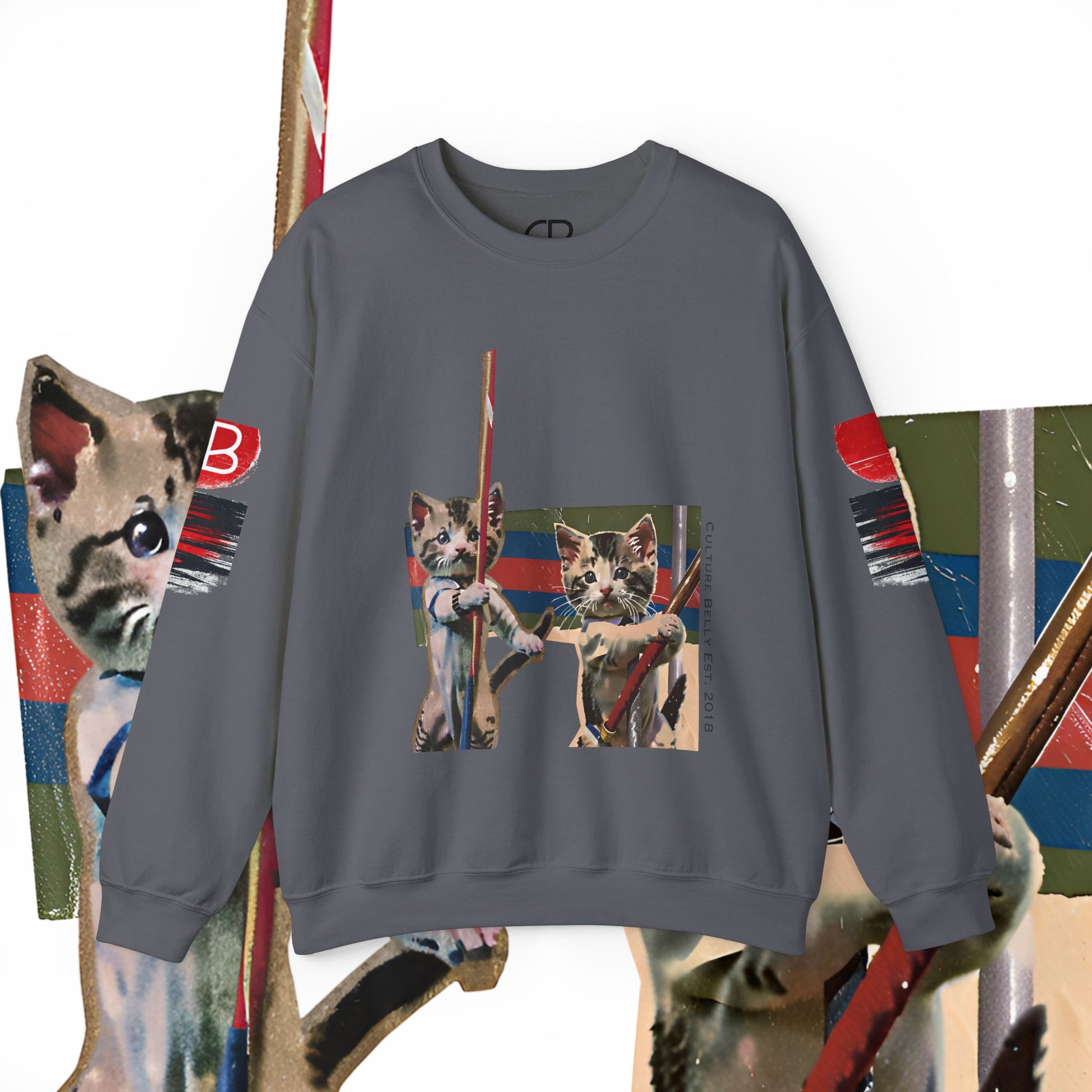 Fearless Felines Sweatshirt by Culture Belly – a unique streetwear design featuring warrior-inspired cats, symbolizing courage, determination, and the underdog spirit. A bold, artistic piece blending urban style with resilience and creativity.