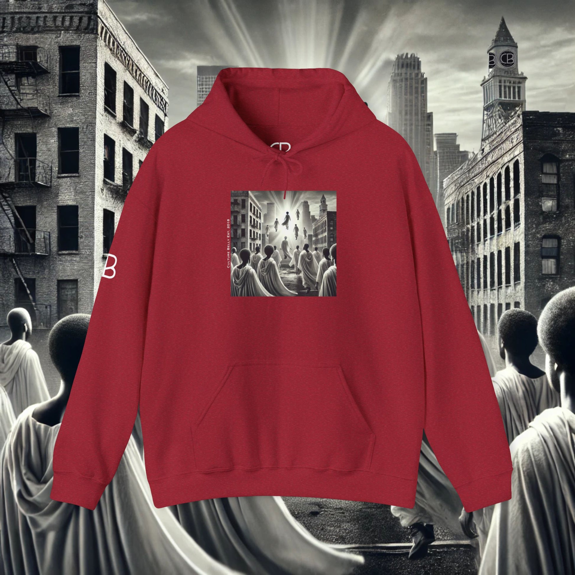 Lamb & King Ascension Hoodie by Culture Belly – a powerful faith-inspired hoodie featuring a striking black-and-white city scene with figures ascending into divine light. This design symbolizes faith, spiritual elevation, and the journey toward a higher calling. A statement piece blending urban streetwear with deep spiritual meaning.