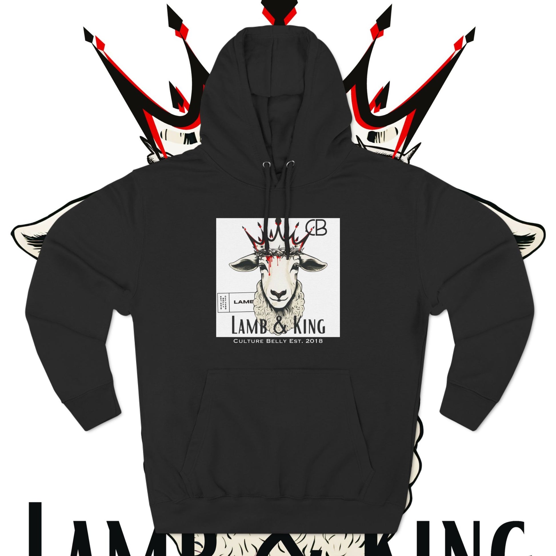 Lamb & King Faithwear Hoodie in black featuring a lamb with a crown of thorns and a King’s crown, symbolizing Christ’s sacrifice and glory, from the Always Faithful collection by Culture Belly.

