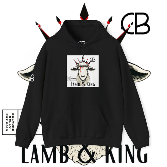 Lamb & King Hoodie by Culture Belly – a bold black hoodie featuring the crowned Lamb design, symbolizing faith, sacrifice, and royalty. Urban faithwear for those walking in purpose and strength.