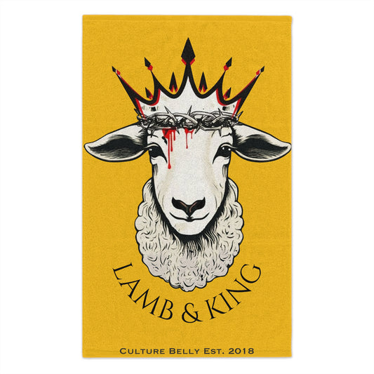 Urban faithwear wash cloth in mustard yellow, with the Lamb & King design, blending street style with spiritual themes.