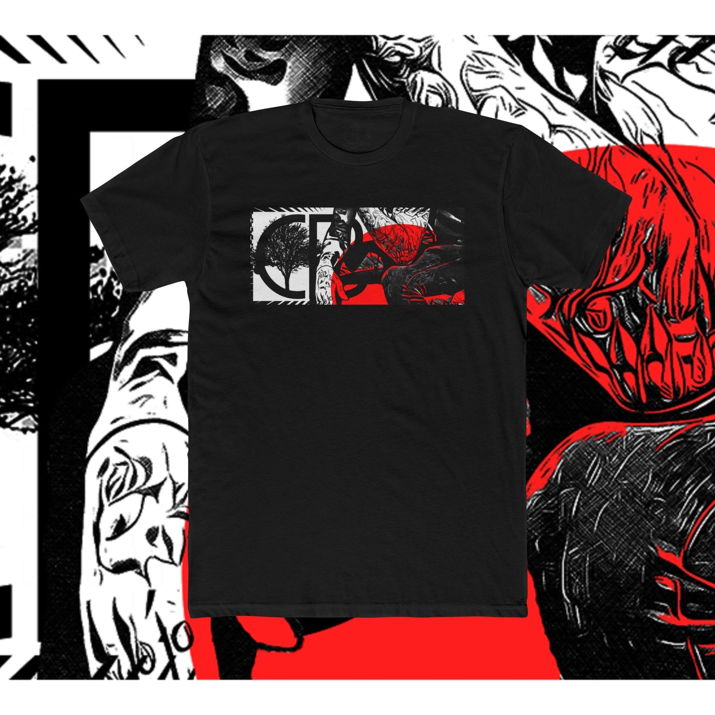 Black t-shirt featuring the Roots & Reflections design, combining black, white, and red graphic art elements including trees, roots, and textured abstract patterns, symbolizing growth, struggle, and resilience.

