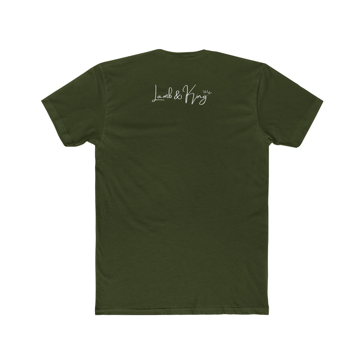 Solid Military Green NYC in Bloom T-shirt shown from the back featuring the Lamb & King script logo centered below the collar.