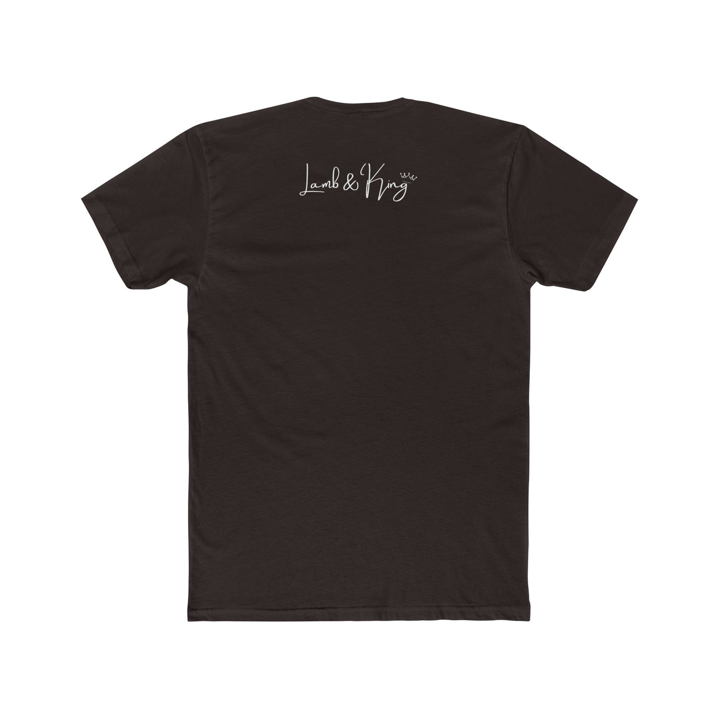 Back of Solid Dark Chocolate T-shirt featuring the Lamb & King logo centered below the collar.