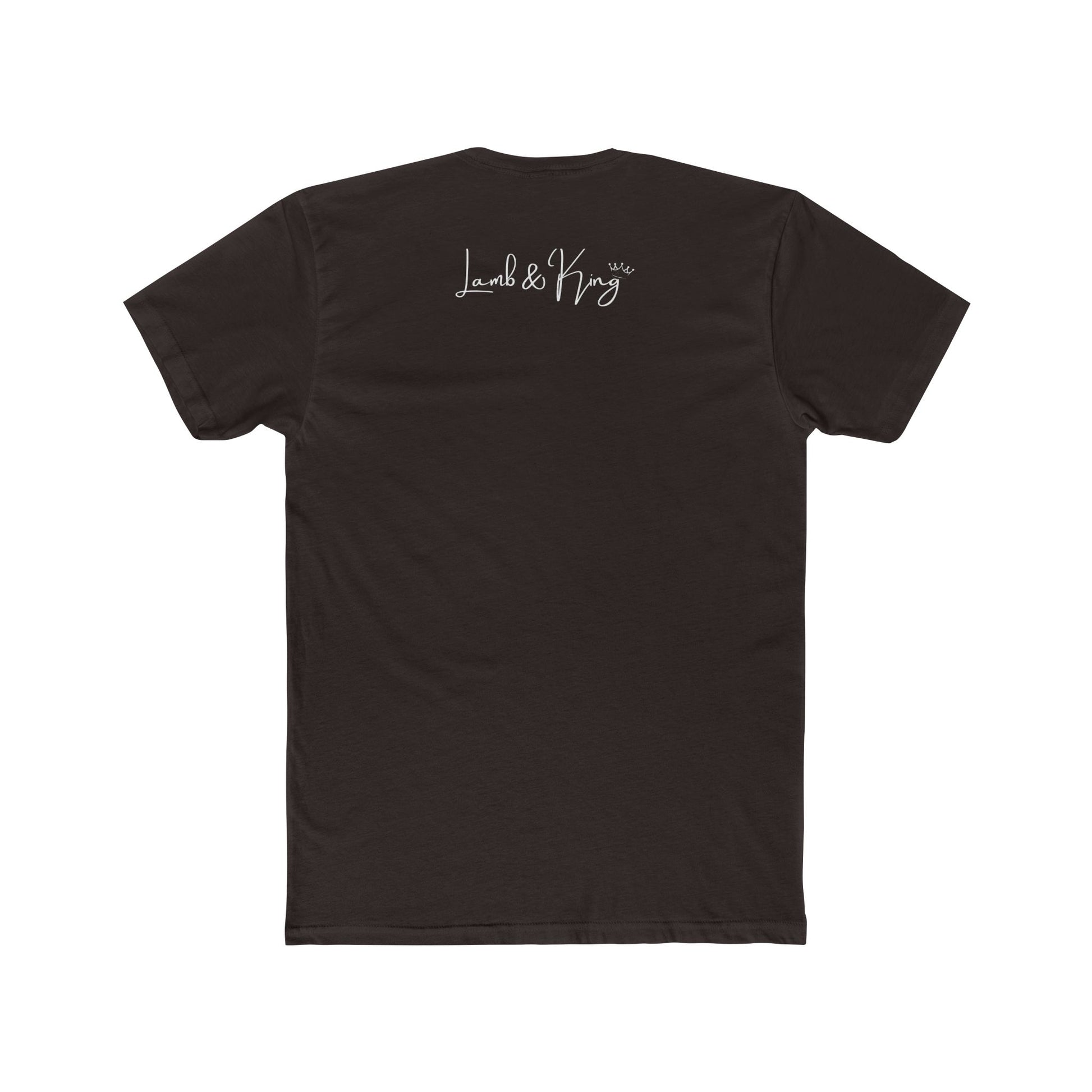 Back of Solid Dark Chocolate T-shirt featuring the Lamb & King logo centered below the collar.