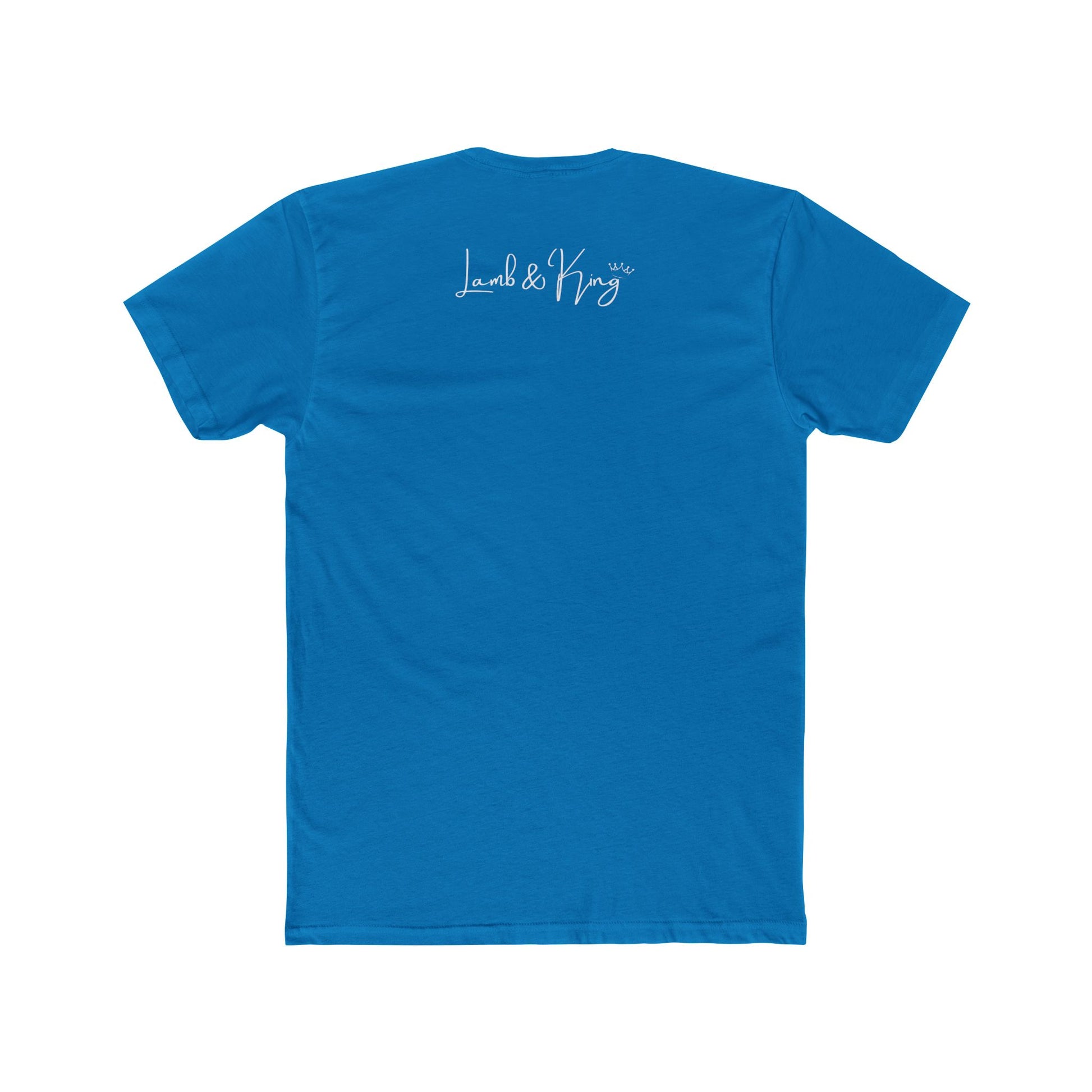 Back of Solid Turquoise T-shirt featuring the Lamb & King logo centered below the collar.