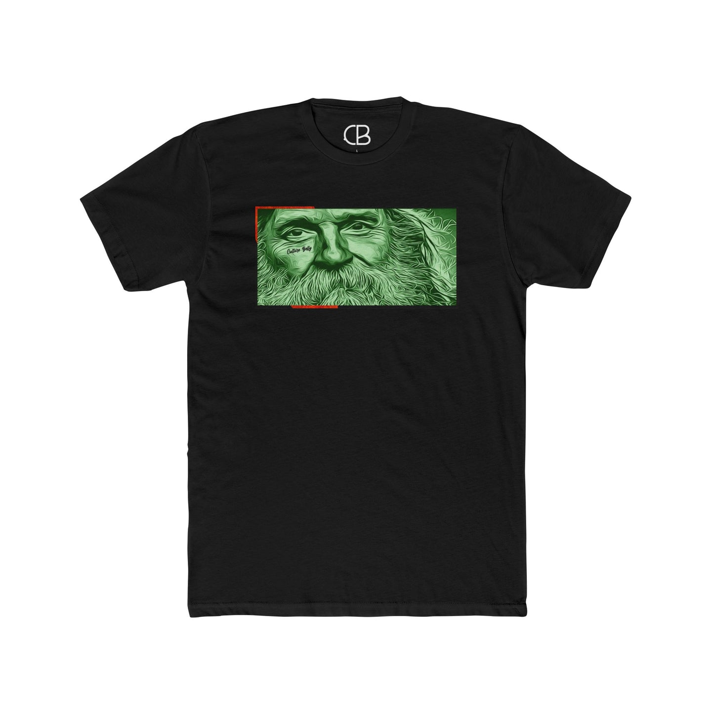 Solid Black Bearded Traveler T-shirt featuring a detailed green portrait of a bearded traveler illustration on the front.