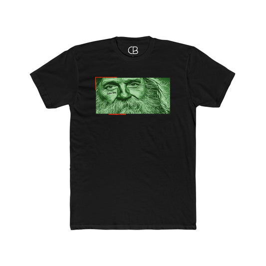 Solid Black Bearded Traveler T-shirt featuring a detailed green portrait of a bearded traveler illustration on the front.