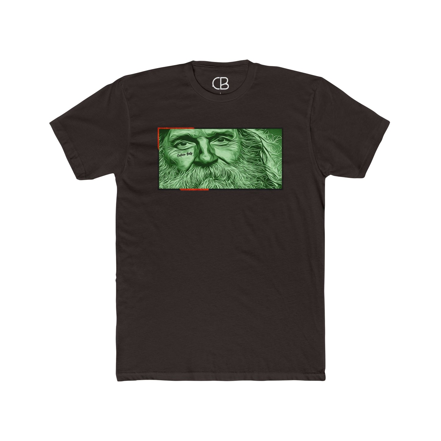 Solid Dark Chocolate Bearded Traveler T-shirt featuring a detailed green portrait of a bearded traveler illustration on the front.