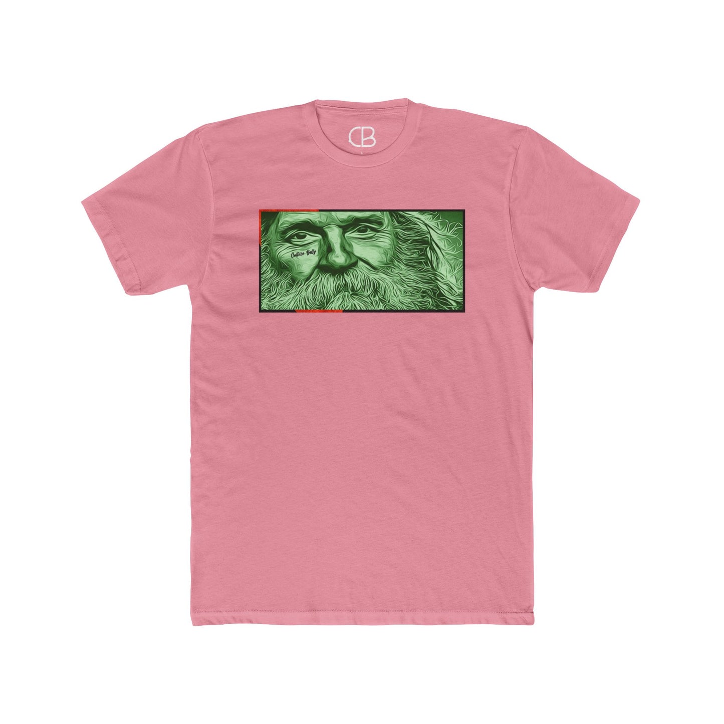 Solid Light Pink Bearded Traveler T-shirt featuring a detailed green portrait of a bearded traveler illustration on the front.