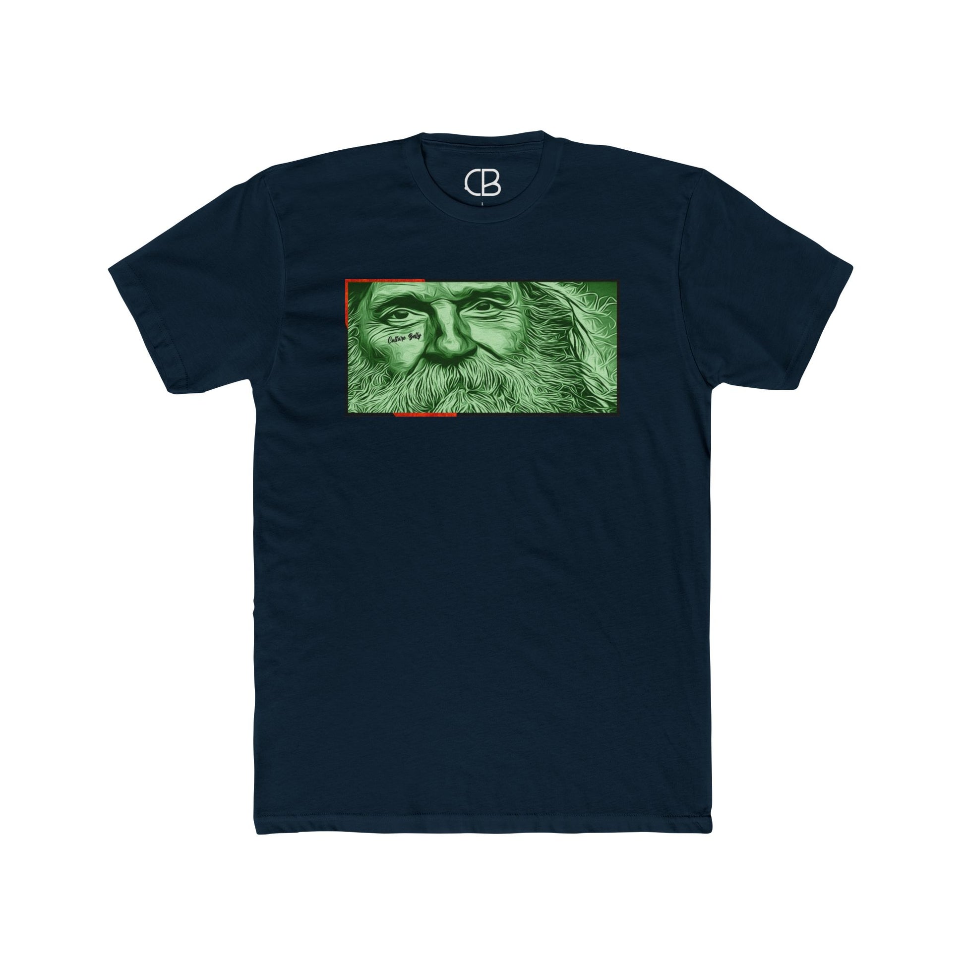 Solid Midnight Navy Bearded Traveler T-shirt featuring a detailed green portrait of a bearded traveler illustration on the front.