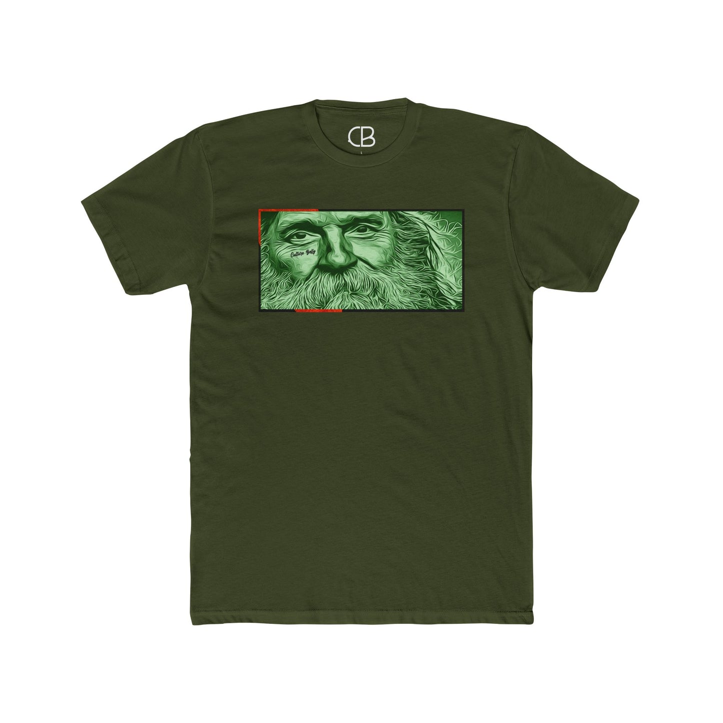 Solid Military Green Bearded Traveler T-shirt featuring a detailed green portrait of a bearded traveler illustration on the front.
