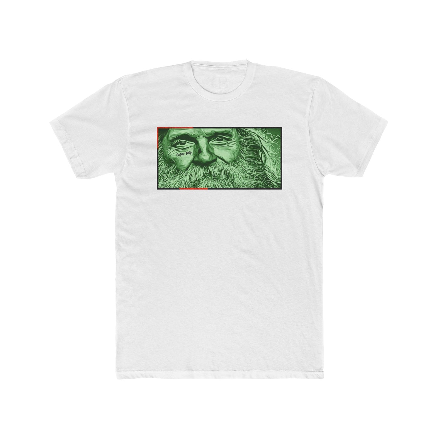 Solid White Bearded Traveler T-shirt featuring a detailed green portrait of a bearded traveler illustration on the front.