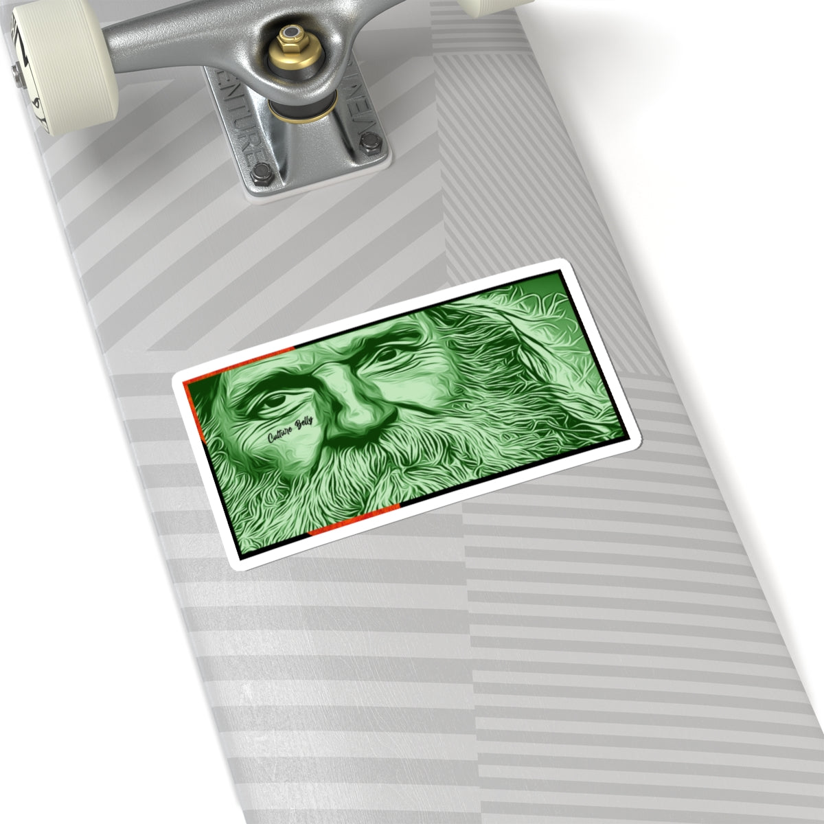 Bearded Traveler vinyl sticker featuring a detailed green-toned portrait of a bearded traveler with subtle Culture Belly branding, shown applied to a skateboard deck.