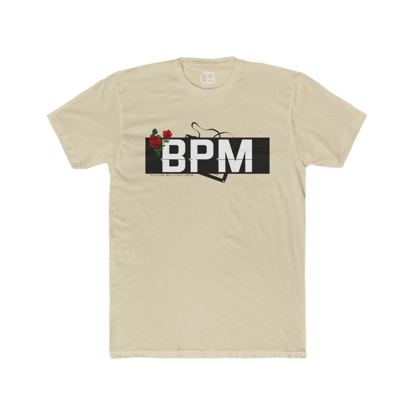 Solid Cream BPM Rhythm & Roses T-shirt featuring a bold BPM graphic with red roses and a vinyl record design on the front.