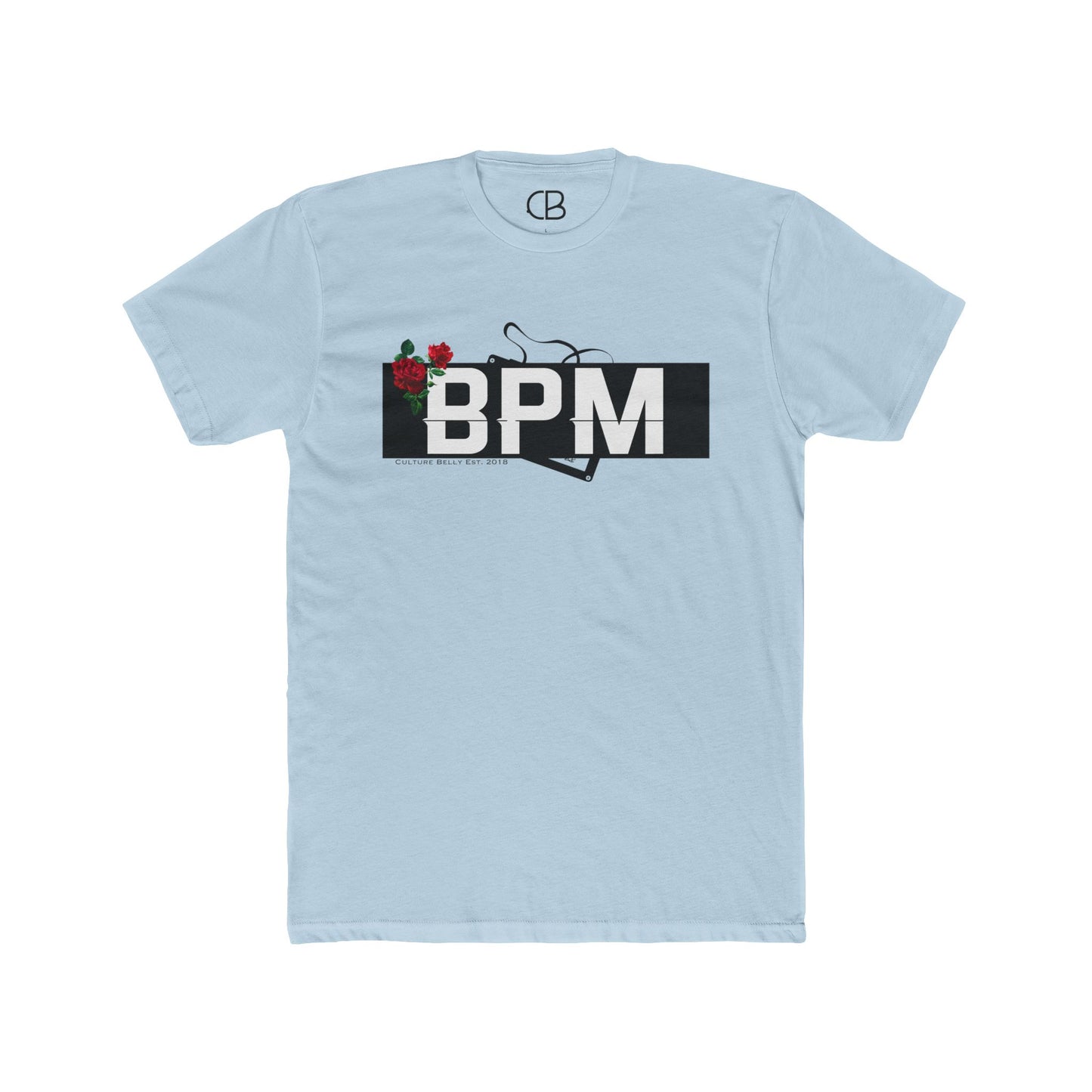 Solid Light Blue BPM Rhythm & Roses T-shirt featuring a bold BPM graphic with red roses and a vinyl record design on the front.