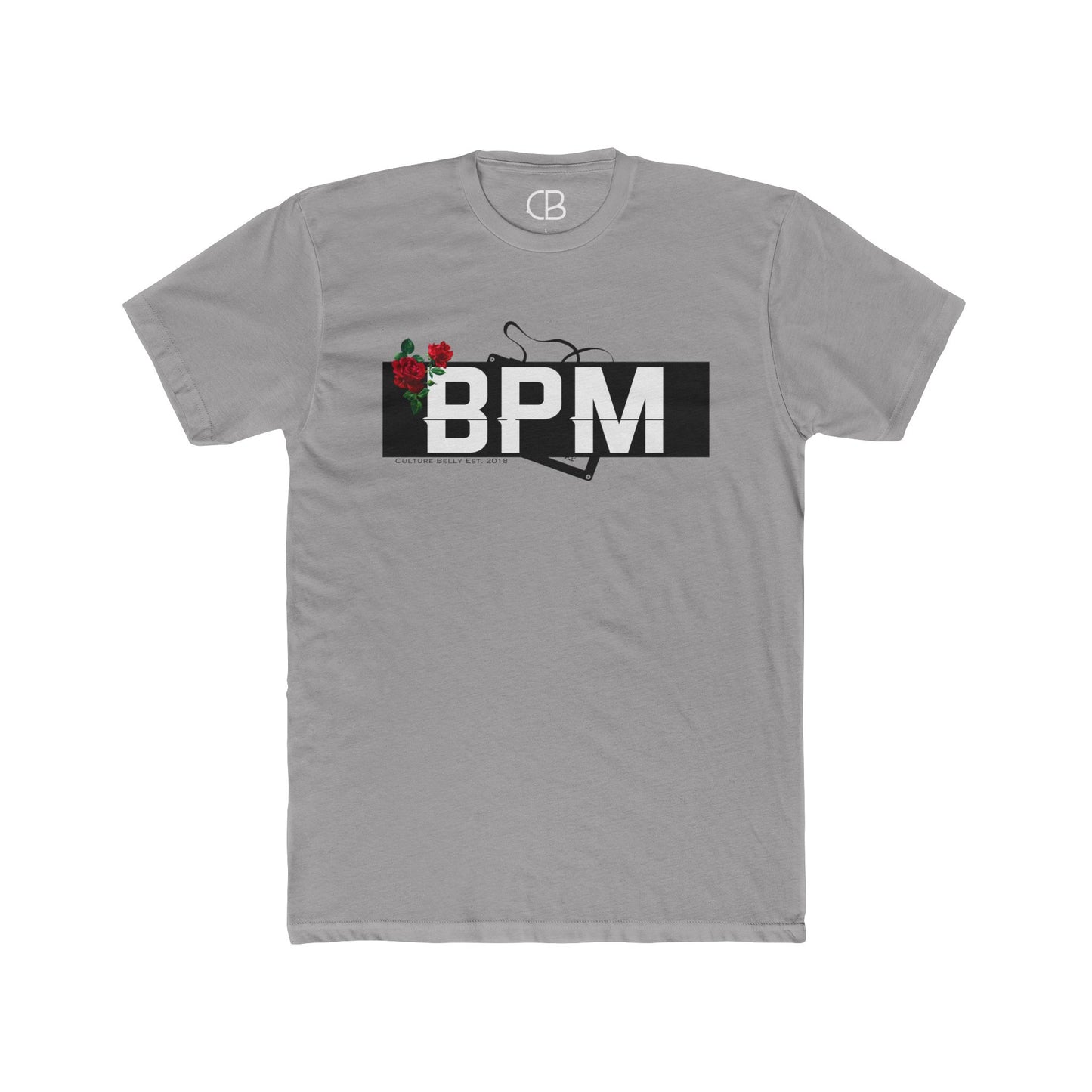 Solid Light Grey BPM Rhythm & Roses T-shirt featuring a bold BPM graphic with red roses and a vinyl record design on the front.