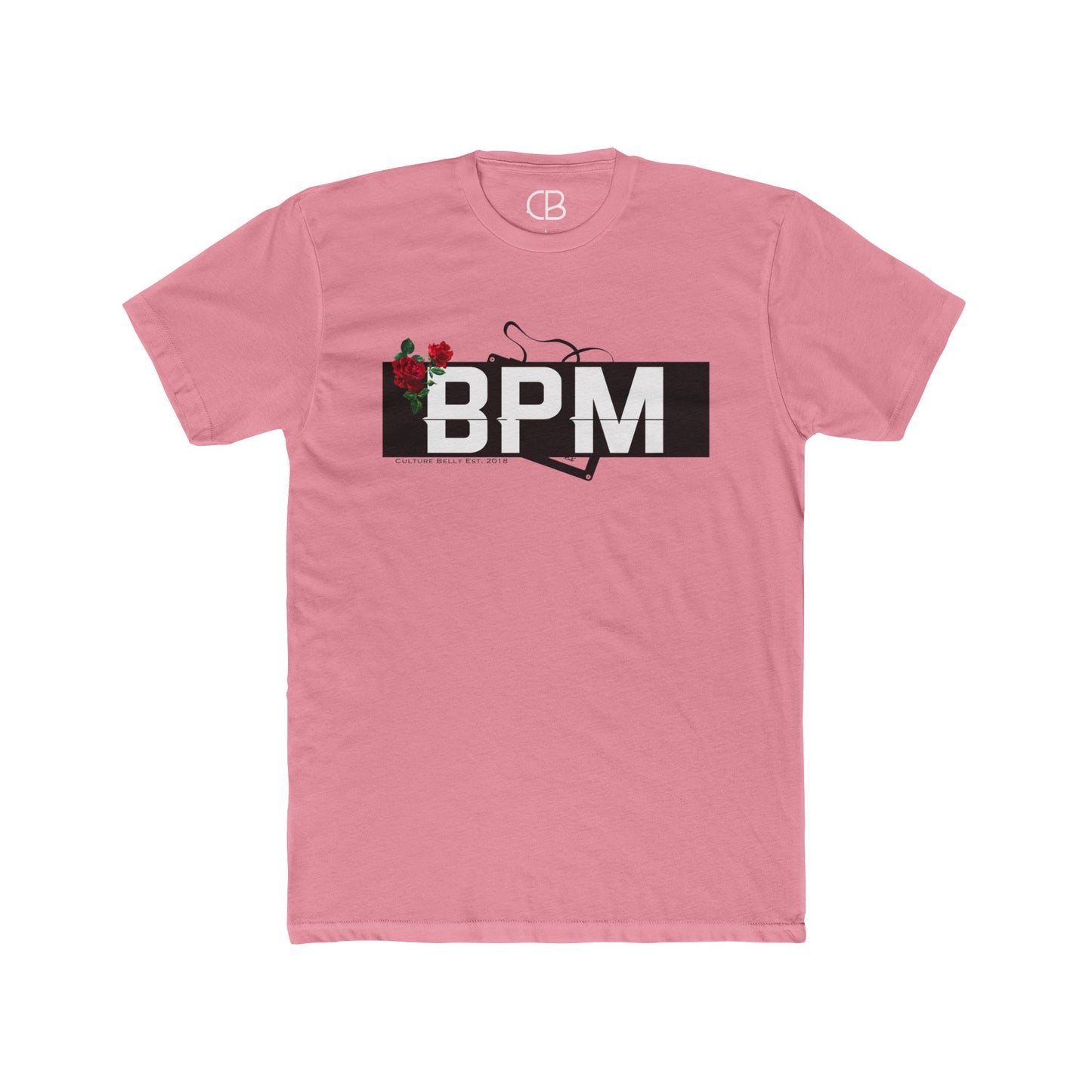 Solid Light Pink BPM Rhythm & Roses T-shirt featuring a bold BPM graphic with red roses and a vinyl record design on the front.