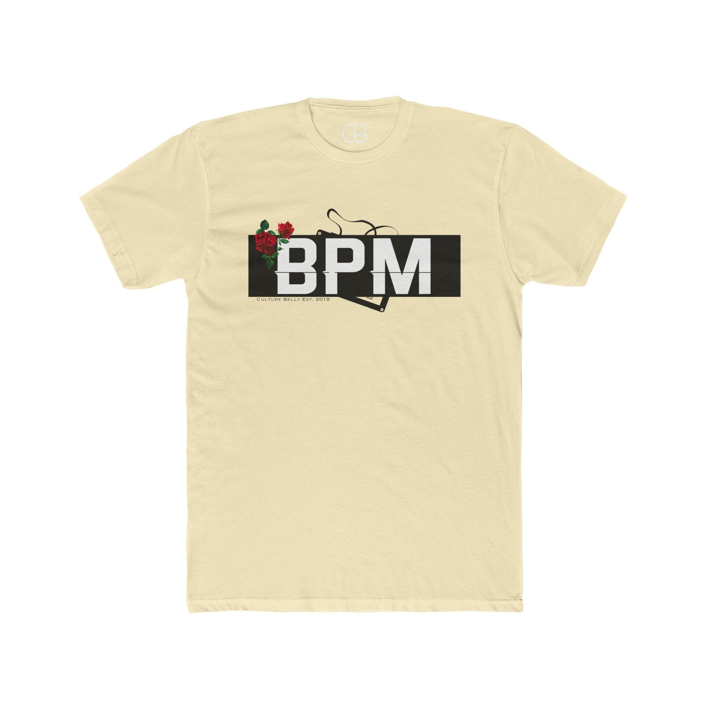 Solid Natural BPM Rhythm & Roses T-shirt featuring a bold BPM graphic with red roses and a vinyl record design on the front.