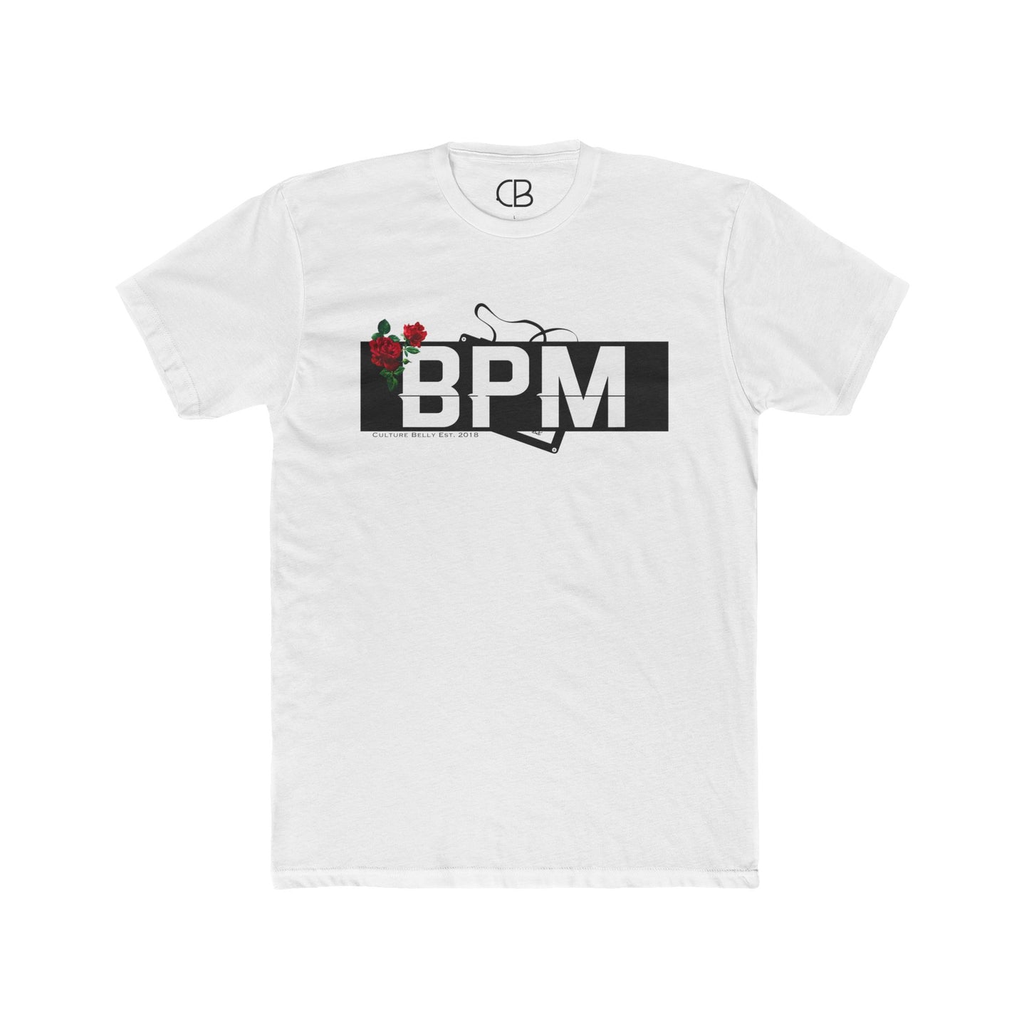 Solid White BPM Rhythm & Roses T-shirt featuring a bold BPM graphic with red roses and a vinyl record design on the front.