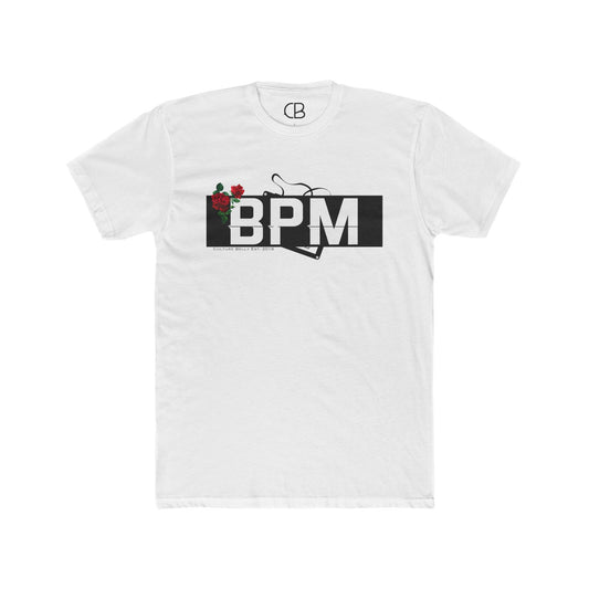Solid White BPM Rhythm & Roses T-shirt featuring a bold BPM graphic with red roses and a vinyl record design on the front.
