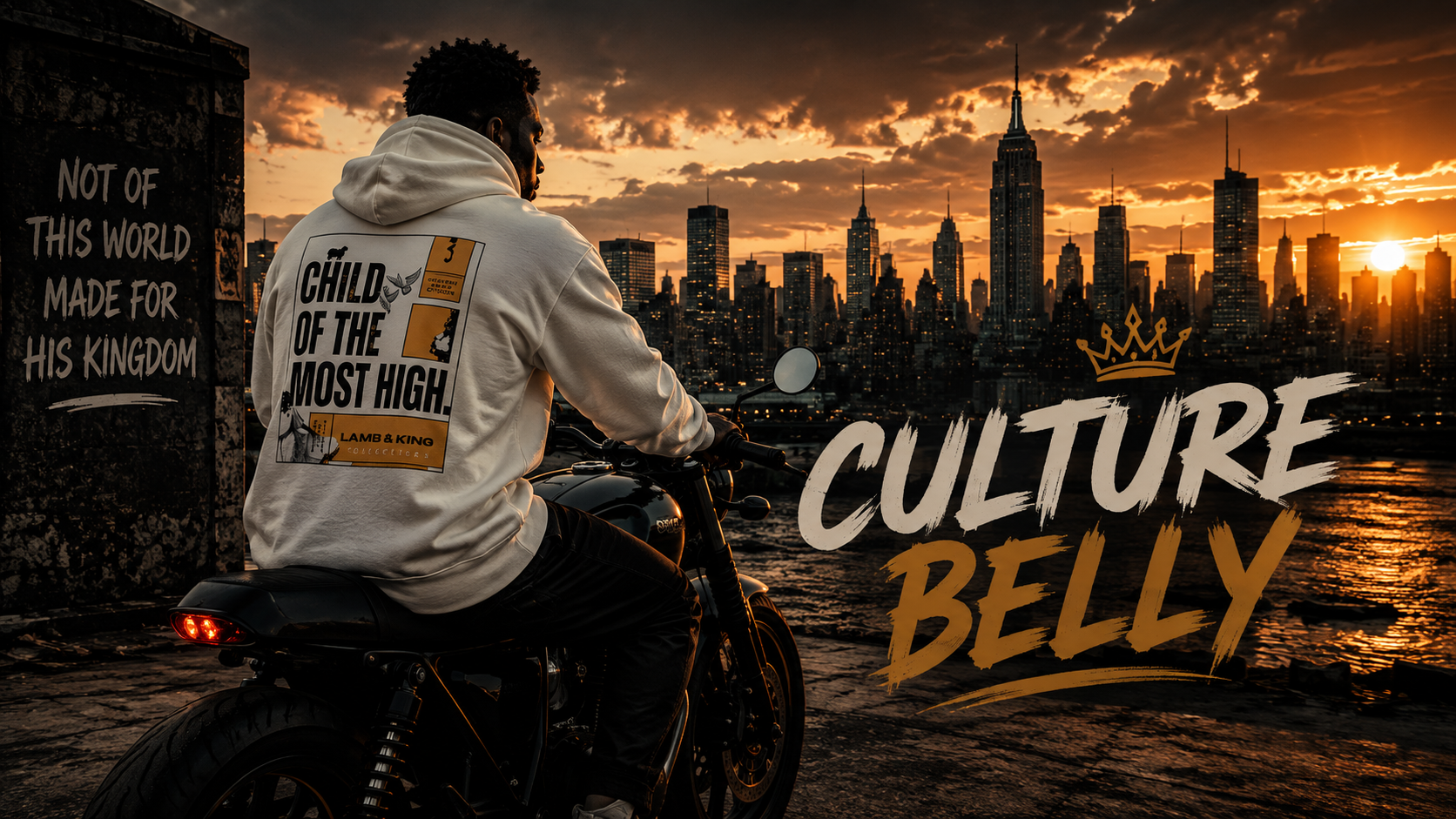 Culture Belly Child of the Most High hoodie rider overlooking the New York City skyline at sunset