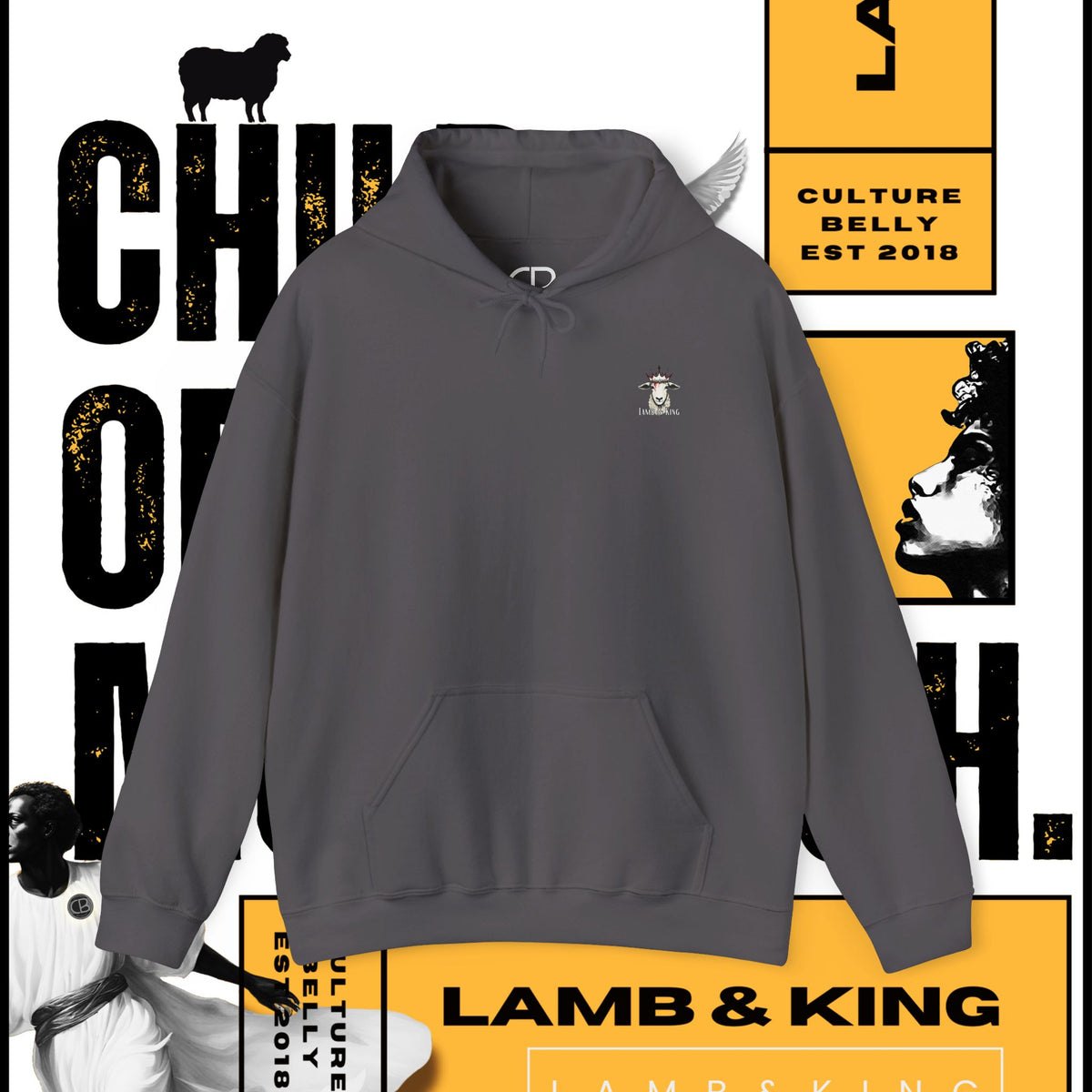 Charcoal Child of the Most High pullover hoodie featuring a small Child of the Most High script logo embroidered on the left chest.