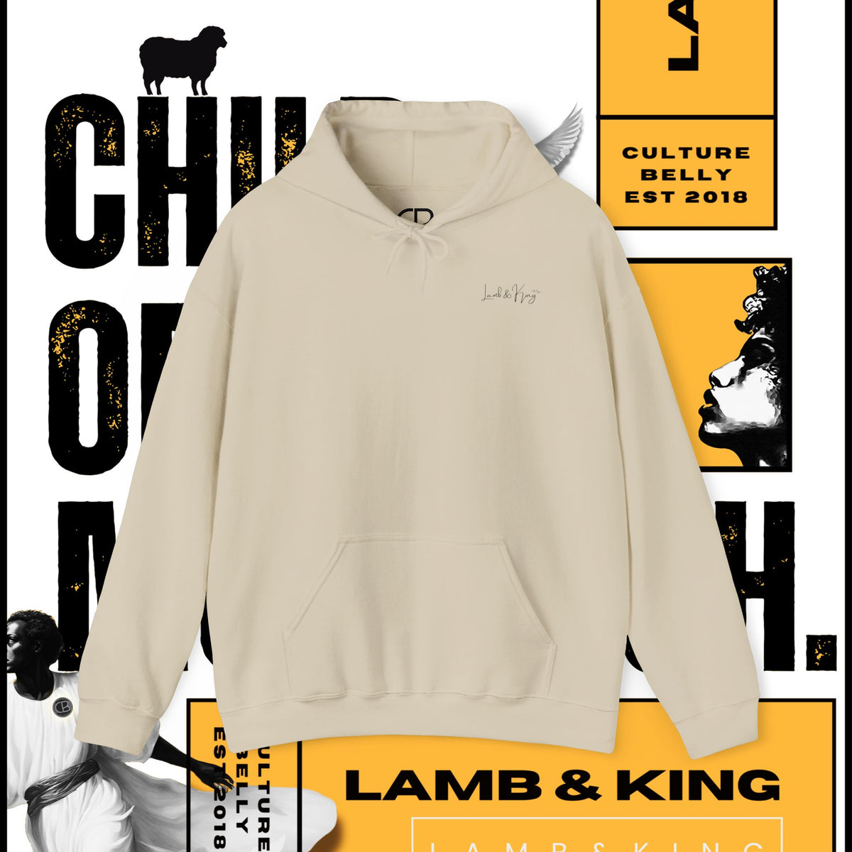 Sand Child of the Most High pullover hoodie featuring a small Child of the Most High script logo embroidered on the left chest.