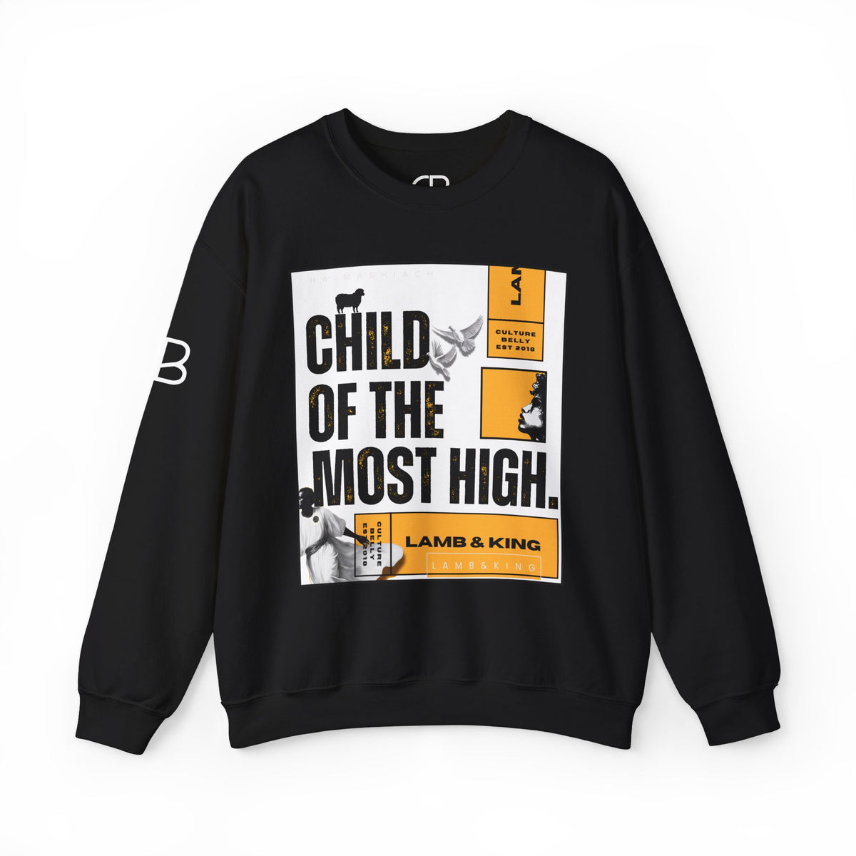 Black Child of the Most High crewneck sweatshirt featuring a bold editorial-style graphic with the text "Child of the Most High," Lamb & King branding, and modern black, white, and gold design elements on the front.