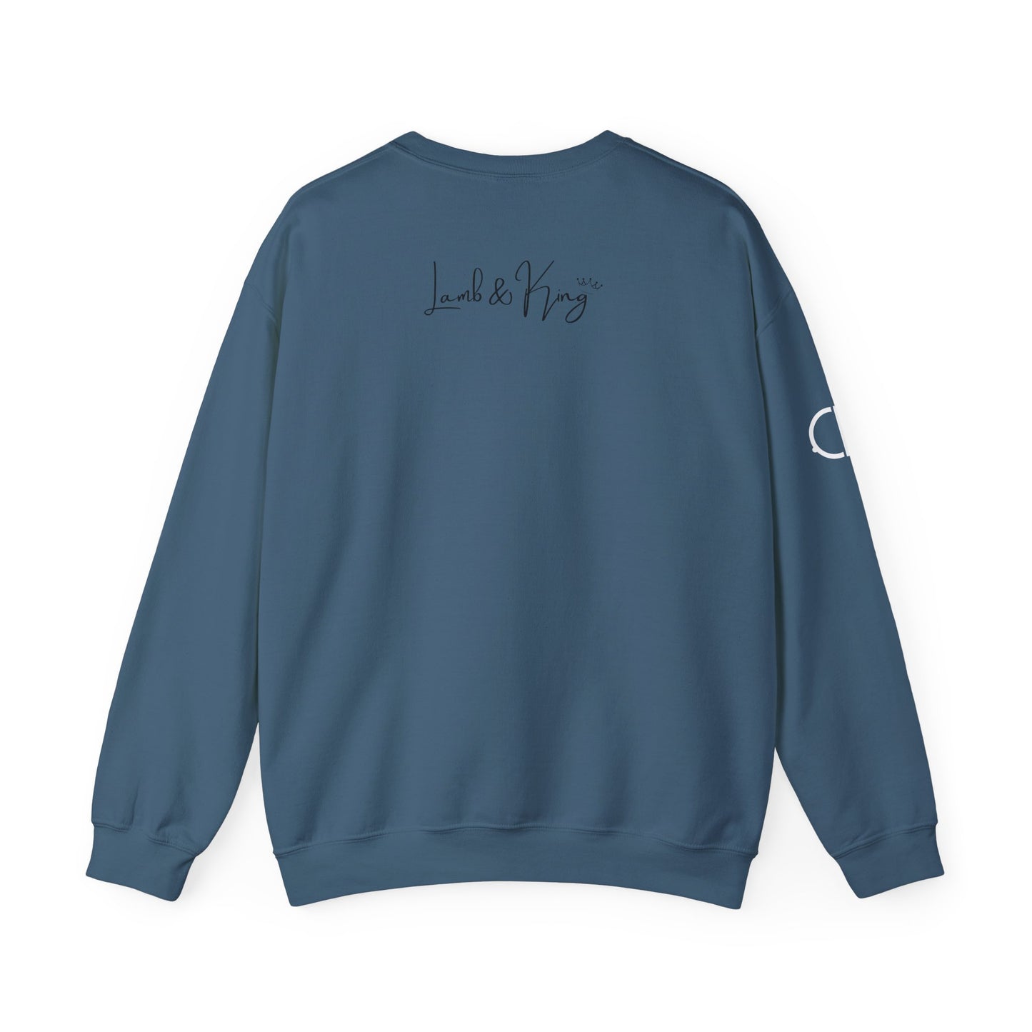 Indigo Child of the Most High crewneck sweatshirt shown from the back featuring the Lamb & King script logo centered below the collar.