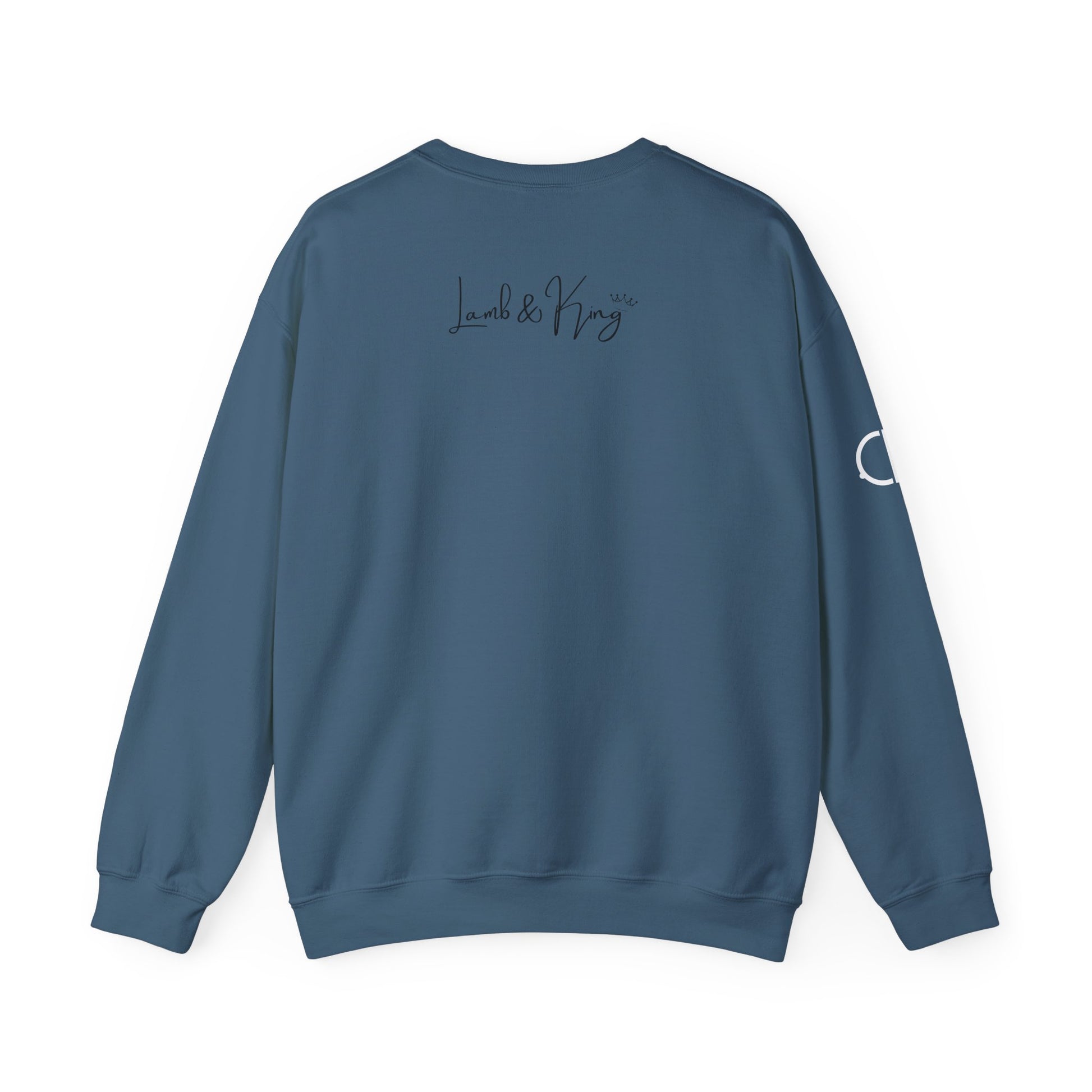 Indigo Child of the Most High crewneck sweatshirt shown from the back featuring the Lamb & King script logo centered below the collar.