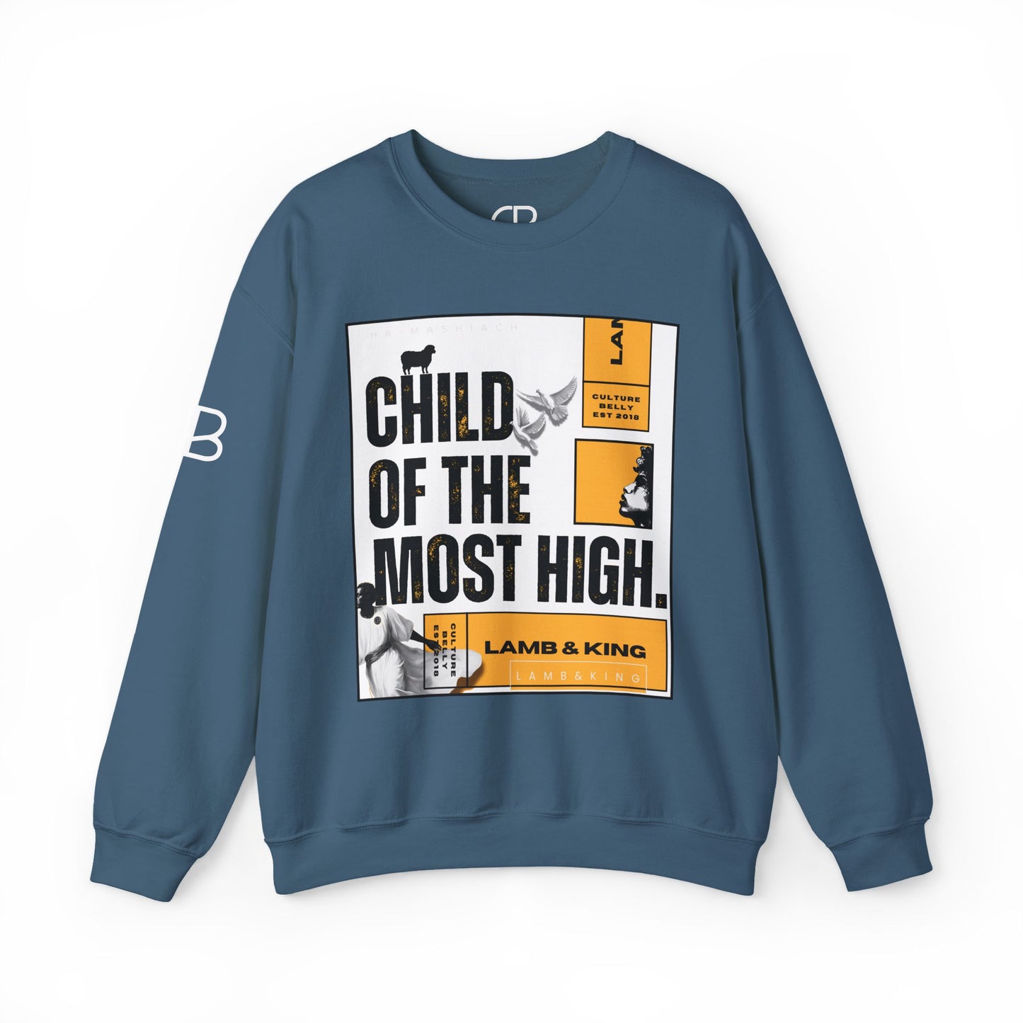 Indigo Child of the Most High crewneck sweatshirt featuring a bold editorial-style graphic with the text "Child of the Most High," Lamb & King branding, and modern black, white, and gold design elements on the front.