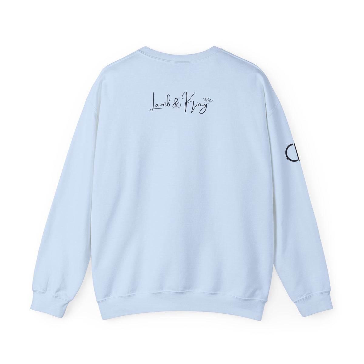 Light Blue Child of the Most High crewneck sweatshirt shown from the back featuring the Lamb & King script logo centered below the collar.