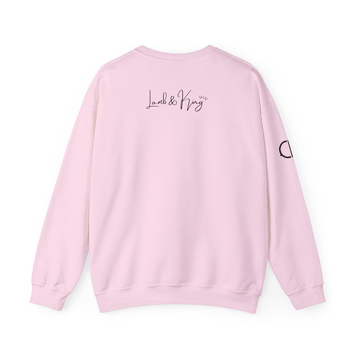 Light Pink Child of the Most High crewneck sweatshirt shown from the back featuring the Lamb & King script logo centered below the collar.