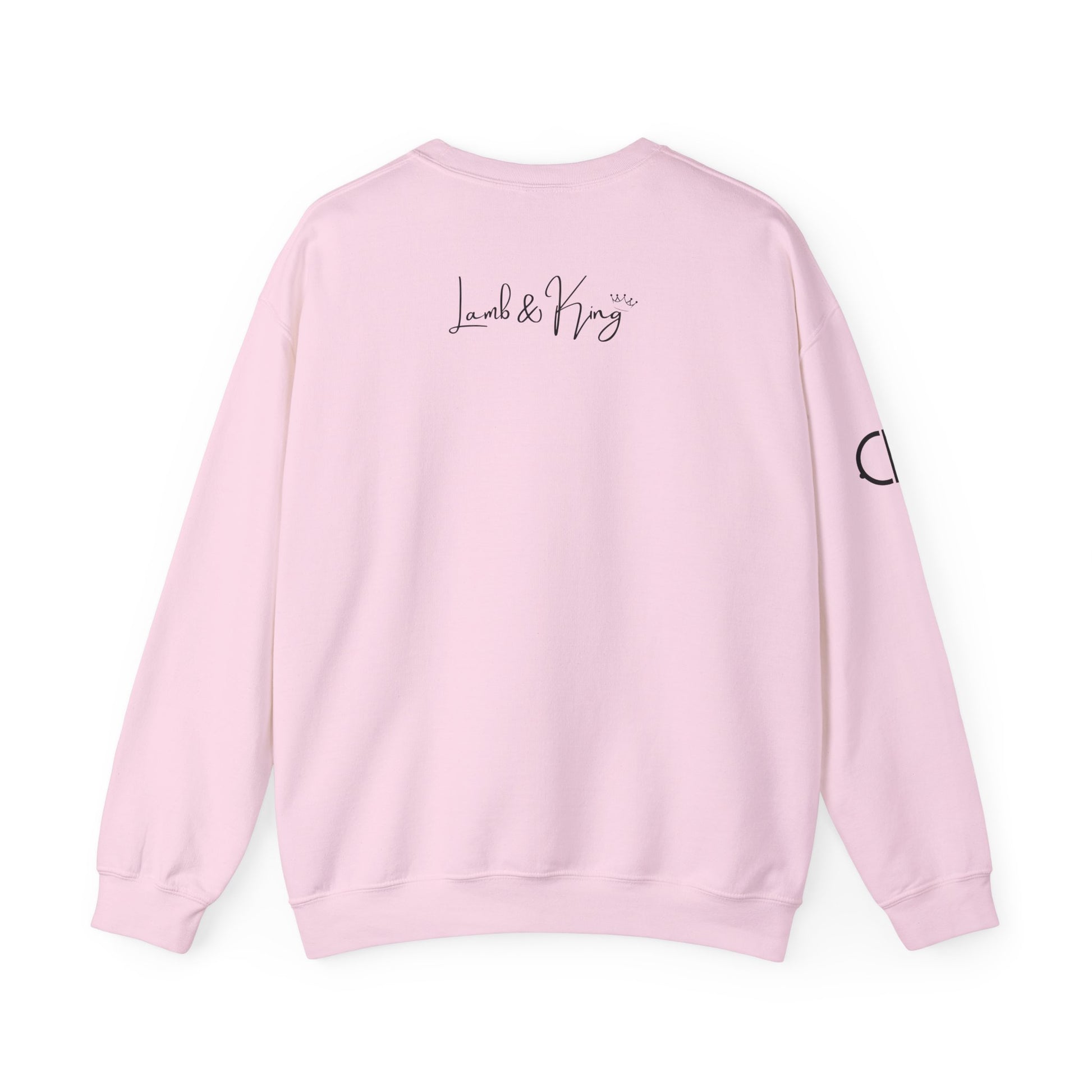 Light Pink Child of the Most High crewneck sweatshirt shown from the back featuring the Lamb & King script logo centered below the collar.
