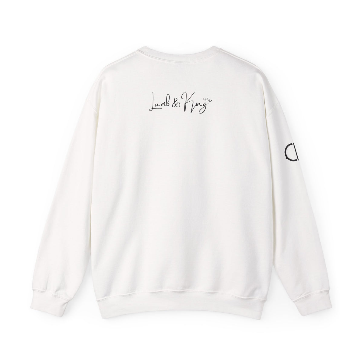 White Child of the Most High crewneck sweatshirt shown from the back featuring the Lamb & King script logo centered below the collar.