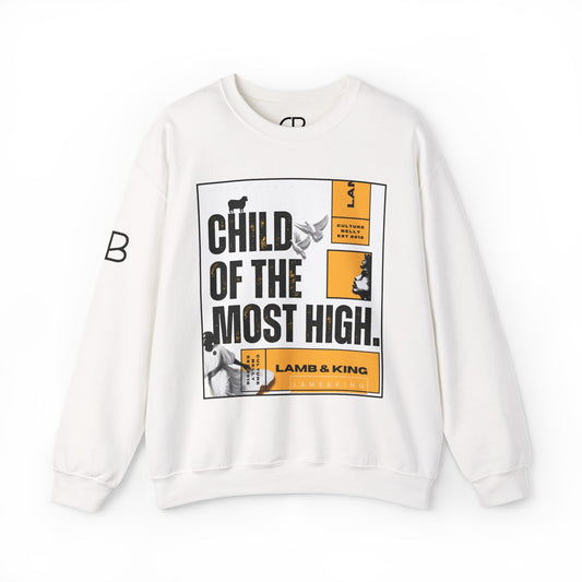 White Child of the Most High crewneck sweatshirt featuring a bold editorial-style graphic with the text "Child of the Most High," Lamb & King branding, and modern black, white, and gold design elements on the front.