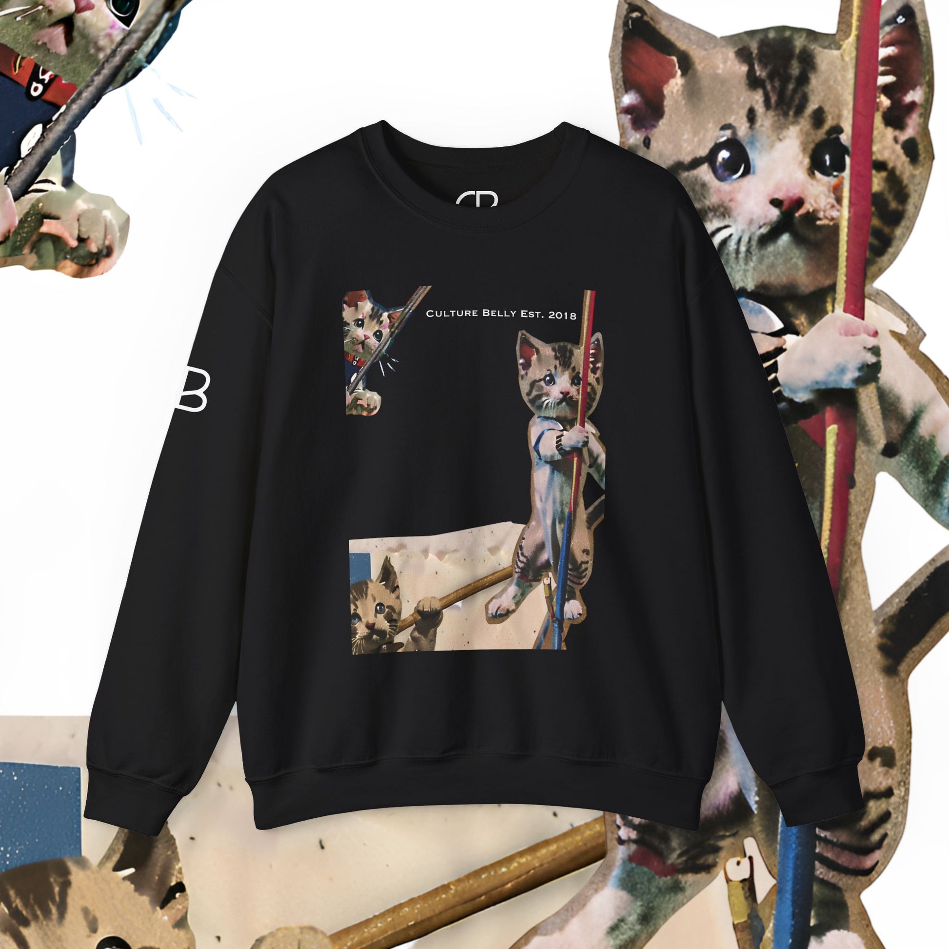 Black crewneck sweatshirt featuring the Courageous Cats graphic with Culture Belly Est. 2018 branding on the front.