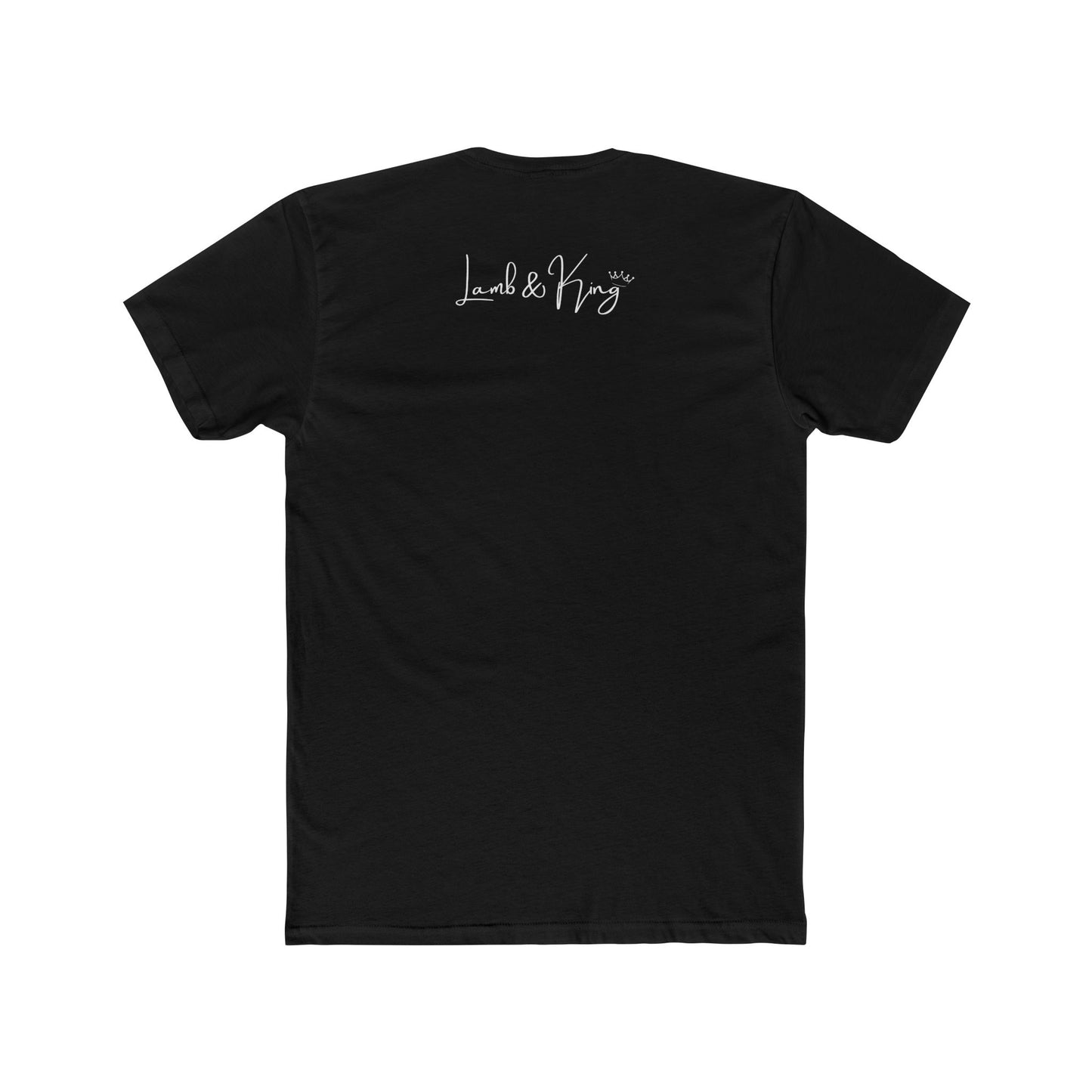 Solid Black Faith In The Unseen T-shirt shown from the back featuring the Lamb & King script logo centered below the collar.