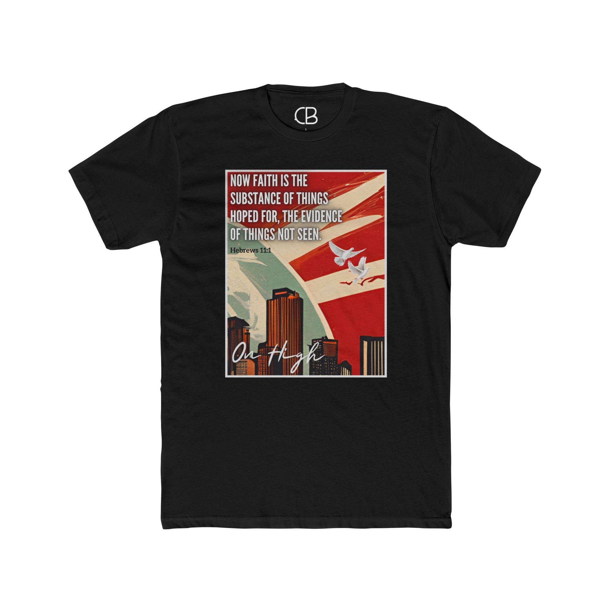 Solid Black Faith In The Unseen T-shirt featuring a vintage-inspired city skyline with a dove and Hebrews 11:1 scripture artwork on the front.