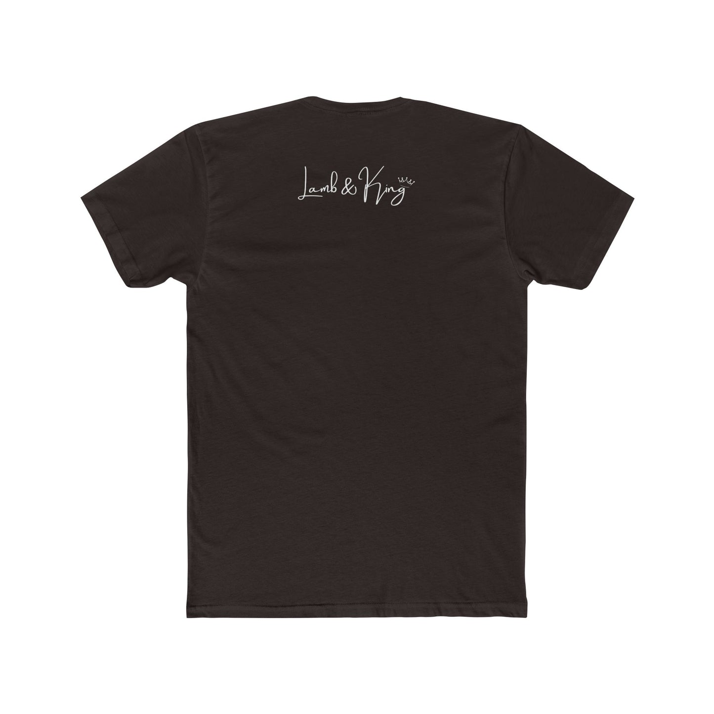 Solid Dark Chocolate Faith In The Unseen T-shirt shown from the back featuring the Lamb & King script logo centered below the collar.