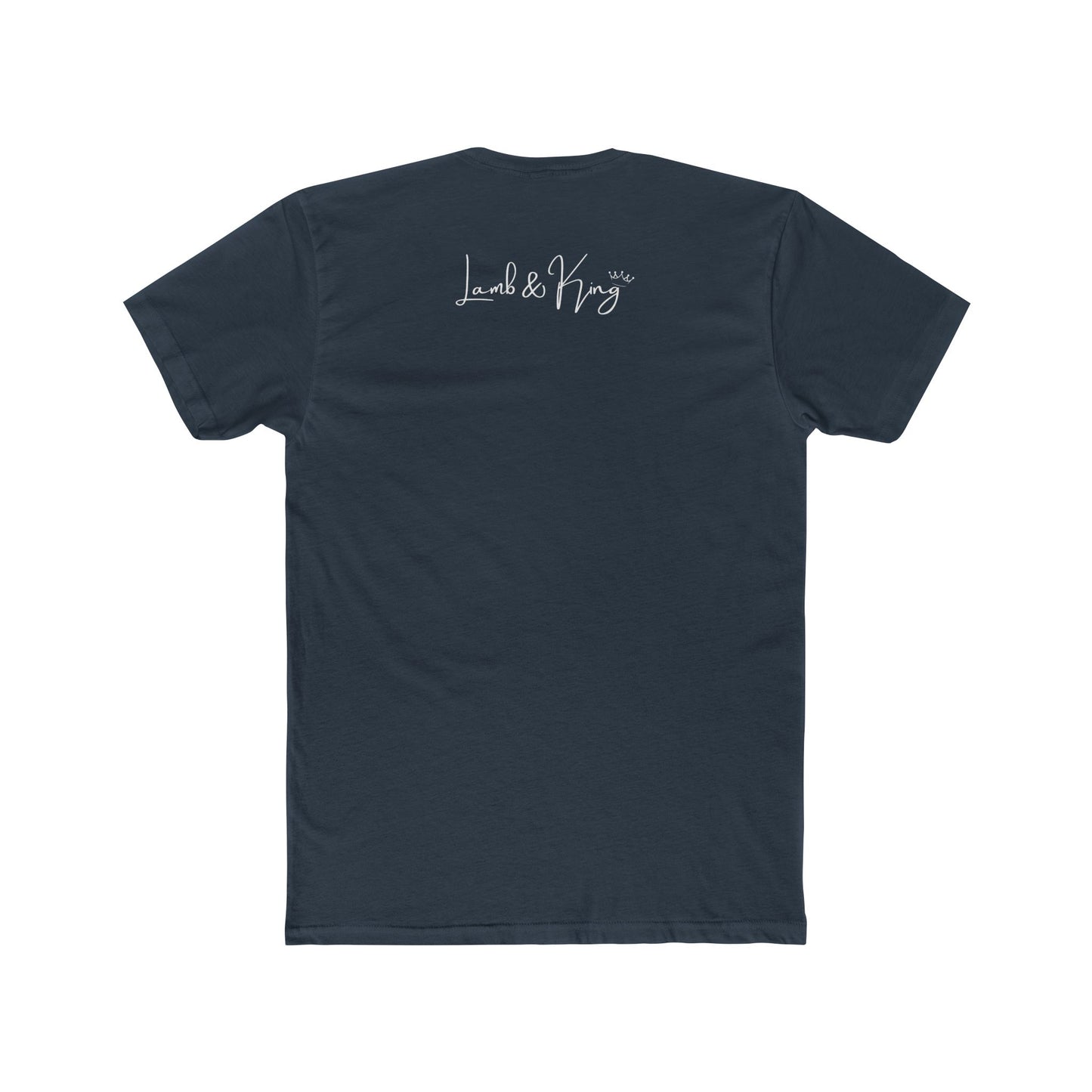 Solid Indigo Faith In The Unseen T-shirt shown from the back featuring the Lamb & King script logo centered below the collar.