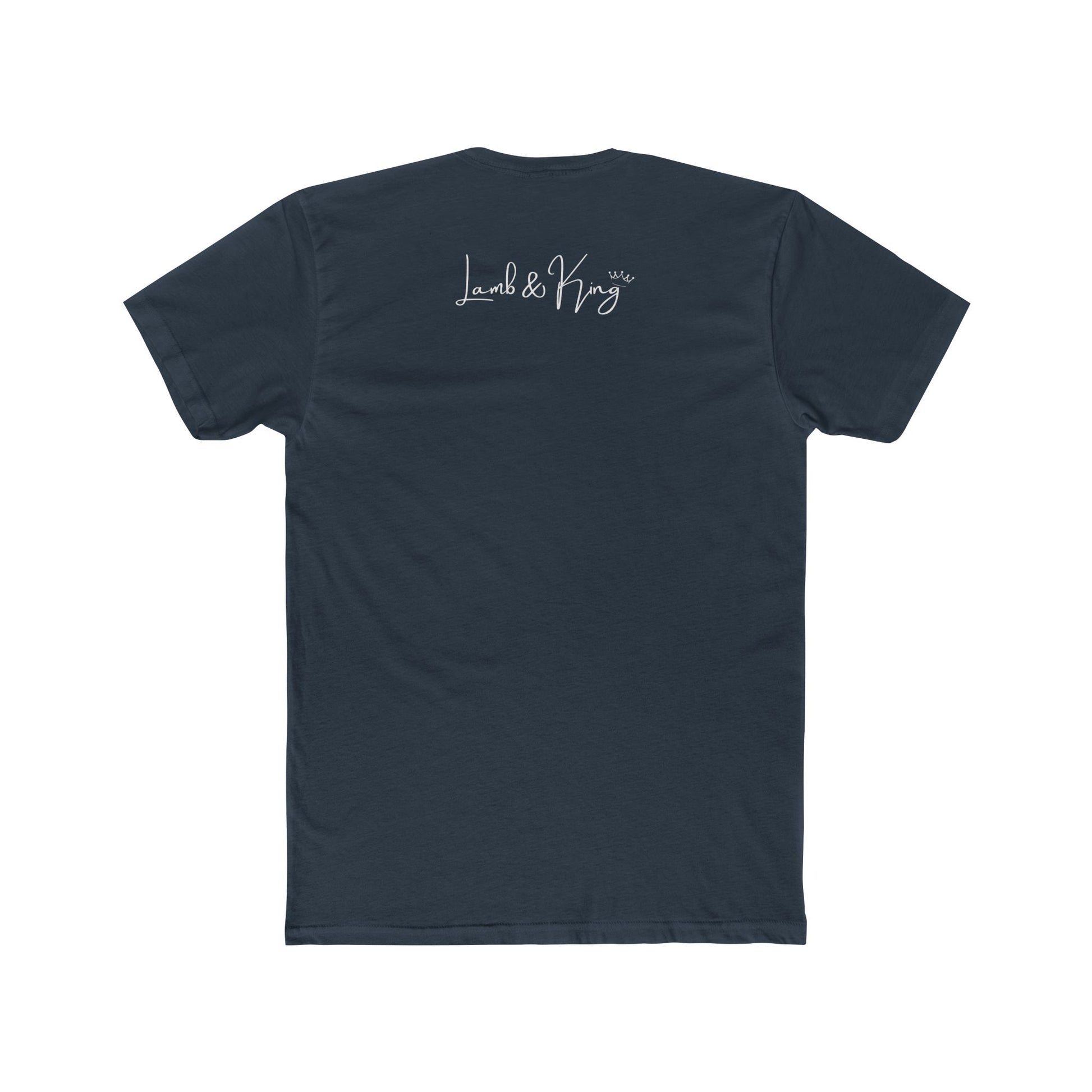 Solid Indigo Faith In The Unseen T-shirt shown from the back featuring the Lamb & King script logo centered below the collar.